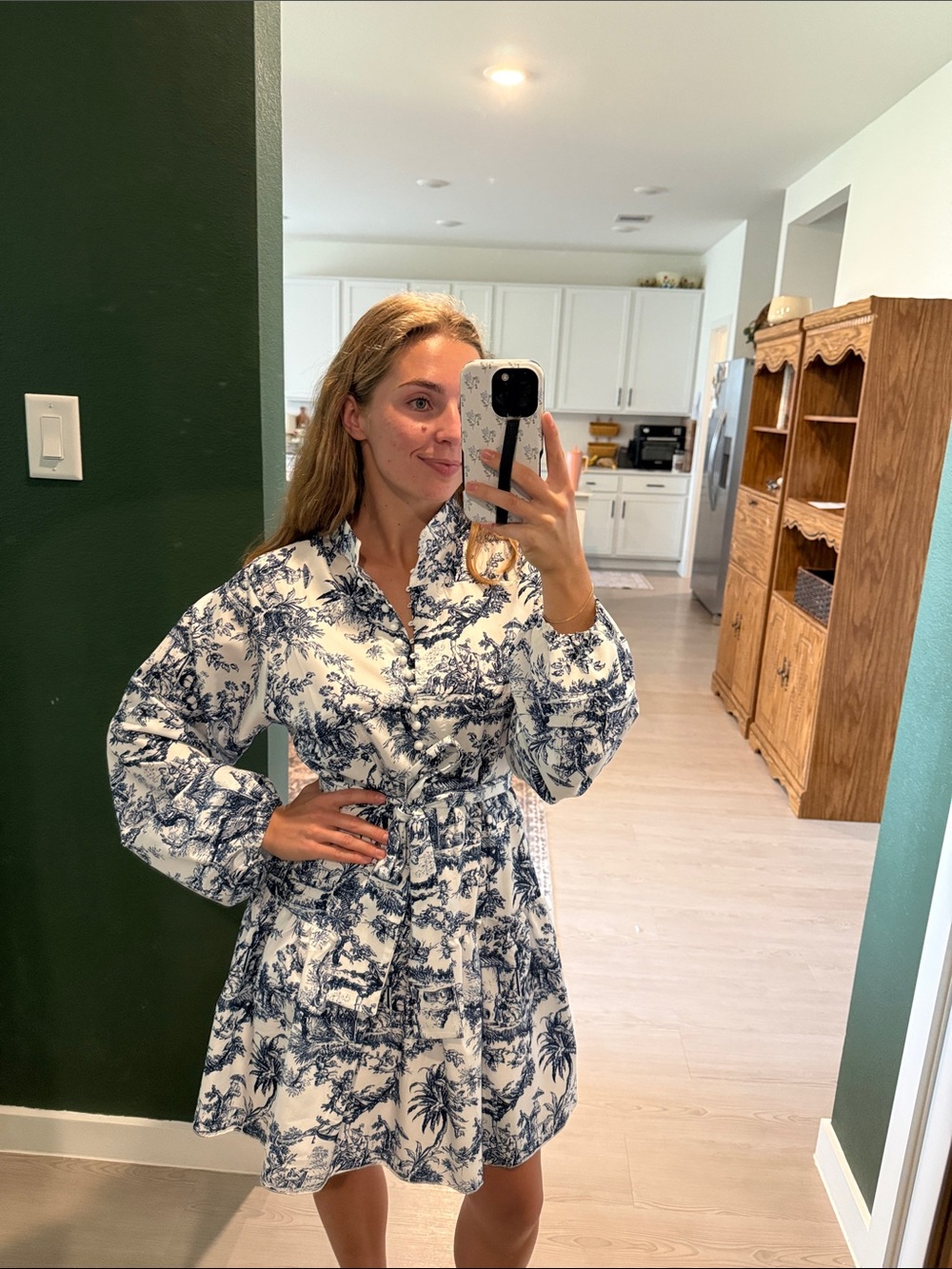 Women's Blue and White Printed Dress w belt